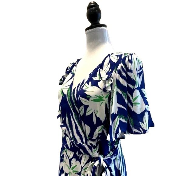 French Connection Blue Diah Wrap Midi Dress Floral Ruffle Short Sleeve Sz 10 - Picture 5 of 7